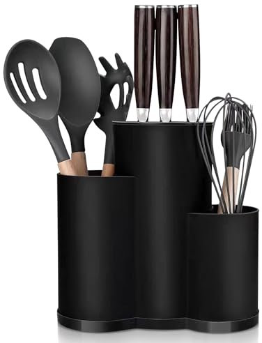 3 in 1 Coltelli da Cucina, Ceppo Coltelli, Porta Coltelli Cucina, Portacoltelli Rotondo Universale, Blocco Coltelli Cucina Tondo Salvaspazio, per Una Facile Pulizia con Fessura per Forbici, Nero