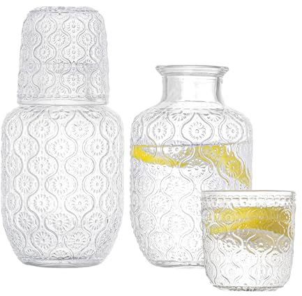 Hniuyun Juego de 4 jarras de agua vintage con vaso, jarra de agua de jugo de vidrio de 500 ml y taza de 150 ml, botella de enjuague bucal de vidrio para cocina, dormitorio o baño