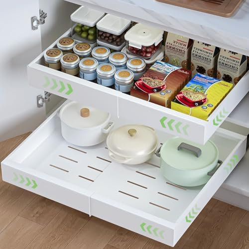 HumiLuft Pull Out Cabinet Organiser, 32-52cm Extendable Slide Out Kitchen Storage Drawer Shelf, Roll-Out Sliding Drawer Storage Shelves with Rail System for Kitchen Base Cabinet Organization (3)