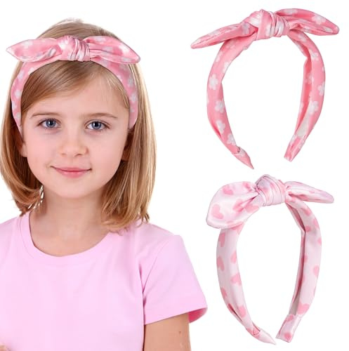 PANTIDE 2Pcs Bow Knotted Headband for Girls Kids - Floral Flower Heart Headband Thin Top Knot Non Slip Fashion Hairband Hair Accessories, Summer Birthday Back To School Gift for Toddlers (Pink)