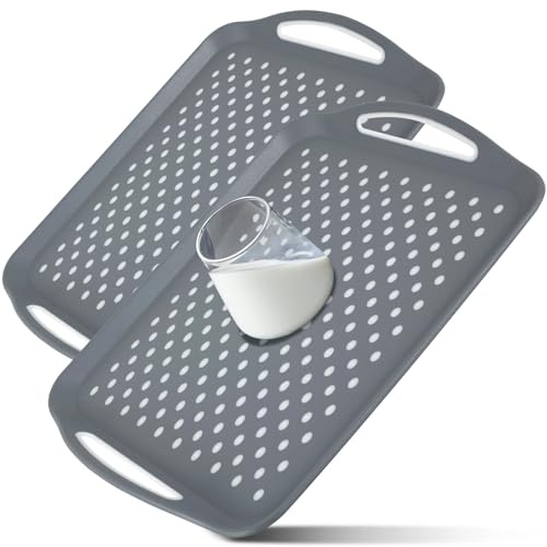 BAODBF 2 st. serveringsbricka stor 45 × 32 × 4,5 cm, bricka plast med handtag halkfri gummiyta undersida, bricka serveringsbricka halkfri, frukostbricka för kaffe mattabletter