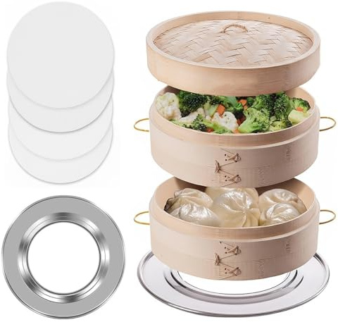 Aelnok Bamboo Steamer 10-Inch 2-Tier Bamboo Steamer Basket Set with 4 Reusable Silicone Liners - Perfect for Healthy Cooking of Dumplings, Bao Buns, Vegetables, and Rice