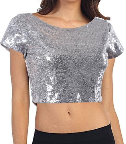Mayoii Sparkly Tops for Women UK – Sequin Top Short Sleeve Backless Crop Party Shirt, Glitter Clubwear for Nightclub, Disco, Rave & Festival (UK, Alpha, S, Regular, Regular, Silver)