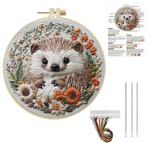 aieieii Hedgehog Embroidery Kit, Stamp Embroidery Kits for Beginners, Autumn Embroidery Kit, Cute Animal Flower Pattern Hand Embroiderys Set Diameter 15cm for Beginner Home Craft Use