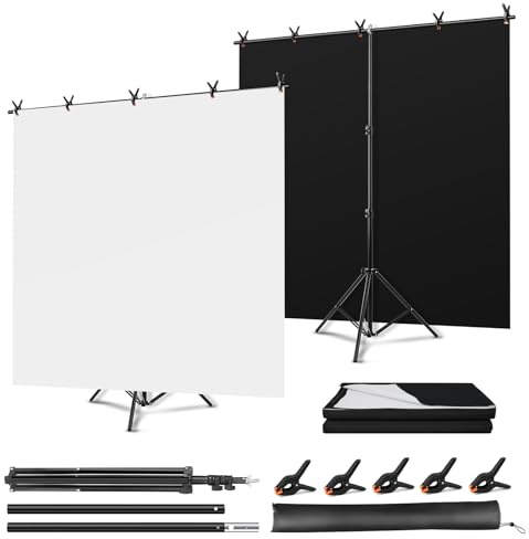 Kit Sfondi Fotografici 2-in-1 Nero e Bianco con Supporto - 150x200 cm, Telo Doppia Faccia Reversibile per Fotografia, Streaming e Decorazioni per Feste, Completo di Supporto a T e 5 Molle