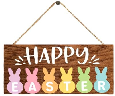 FIMWOLZ 6 decorazioni colorate con coniglietti in legno, insegna porta 'HAPPY EASTER' – Decorazione pasquale e primaverile per porta d'ingresso, giardino, balcone, casa in stile vintage