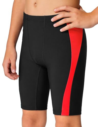 JOCMIC Boys Swim Jammers Youth Competitive Swim Team Trunks Athletic Swimsuit Quick Dry Swimming Shorts Black/Red, 11-12 Years, Tag 150