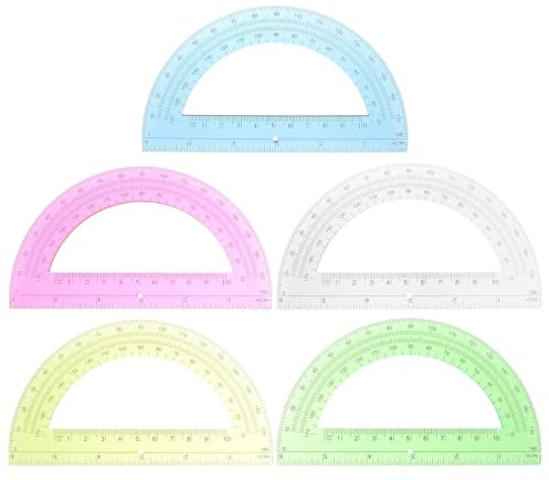 WRITWAA 5pcs Geometry Protractor Set 6-inch 180-degree Half Circle Plastic Measuring Tools for Math Lessons School Students with Red, Yellow, Blue, Green,