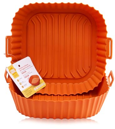 CRISPHUNTER Teglie Quadrate in Silicone Rigido per Friggitrice ad Aria, Set 2 Pezzi Misura 25 x 22 x 7,3 cm, BPA FREE, Cestelli Riutilizzabili, Resistenti e Pieghevoli