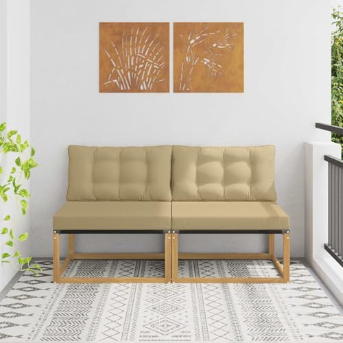 Divano centrale per esterni in legno di acacia massiccio e textilene bianco, divano da giardino modulare resistente alle intemperie con comodi cuscini imbottiti, gruppo di sedute per terrazza, balcone