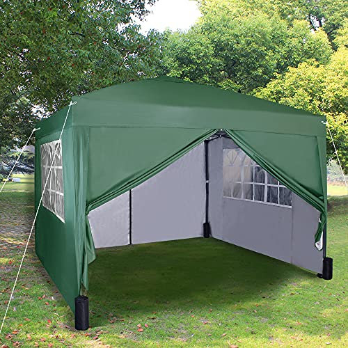 Pop-up Gazebo 3m x 3m with Sides 2 Wind Bars & 4 Weight Bags & Silver Protective Layer Waterproof Marquee Canopy WS (Green)