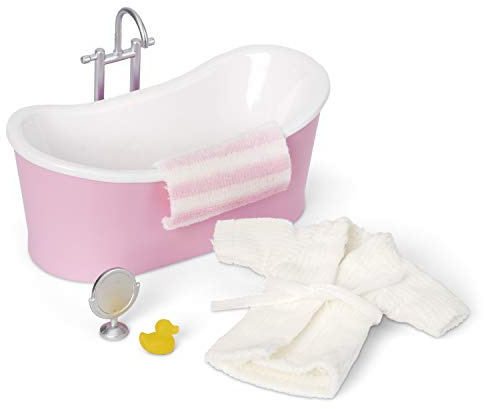 LUNDBY Dolls House Furniture Bathroom Set – Freestanding Bath + Bathrobe + Mirror + Rubber Duck + Towel – Doll House Accessories – 5-piece set for 11cm Mini Dolls – Age 4+ 1:18