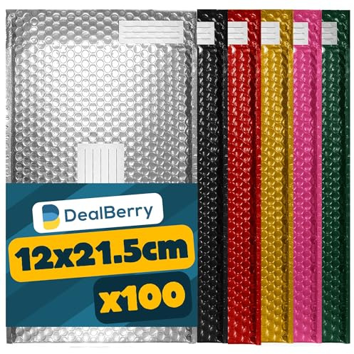 100 Pack Padded Bubble Envelopes | Bubble Wrap Envelope | Packaging Poly Bags | Bubble Shipping Mailer | Metallic Shipping Envelopes | Address & Return Box | Single Random Colour | Size B | 140x215mm