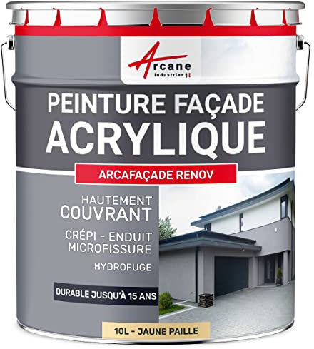 ARCANE INDUSTRIES Peinture Façade - Peinture Hydrofuge Acrylique 14 Couleurs - Dure jusqu'à 15 Ans - 10 L (+ ou - 60 m² en 1 Couche) Jaune Paille - RAL 085 90 30