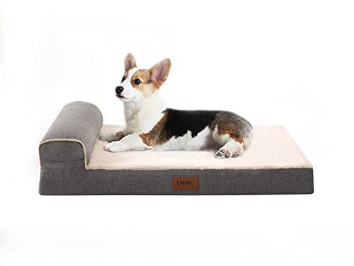 EMME Orthopädisches Hundebett Mittelgroße Hundekissen 70 x 50.5 x 14.5cm, T-Form, Hundebett kleine Sofa Flauschiges Hundematte Hundematratze, Nackenrolle, Mit Waschbares Bezug, Hundecouch, Grau