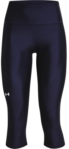 Under Armour HeatGear Armour capribyxor för kvinnor, hög halkfri linning, leggings med fickor, Midnight Navy (410)/Vit, XS (Lång)