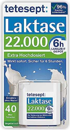 tetesept Laktase 22.000 – 1 Dose à 40 Stück – Laktasetabletten bei Laktoseunverträglichkeit – Nahrungsergänzungsmittel mit Sofortwirkung & 6h Langzeit-Depot