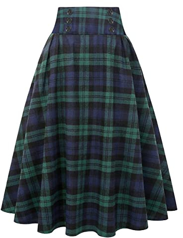 IDEALSANXUN Plaid Skirts for Women 2025 Fall Winter High Waisted A Line Wool Tartan Flannel Tweed Corduroy Suede Pleated Midi Long Skirt with Pockets, Green, M