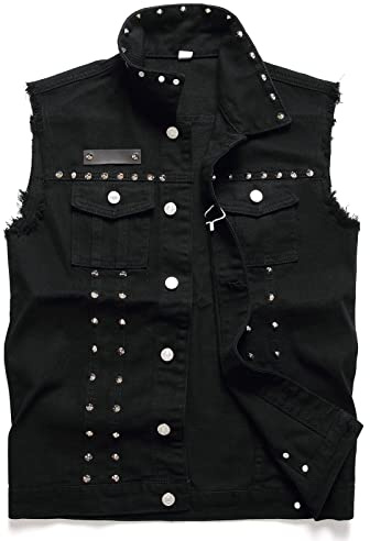 JUDIGODR Denim väst män ärmlös smal passform retro rippad vardaglig jeansväst för män, Nitar svart, S
