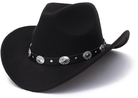 Schwarzer Cowboy-Cowgirl-Hut für Damen und Herren, Western-Stil, breite Krempe, Filz, Fedora-Hut mit abnehmbarer Gürtelschnalle, Schwarz , M