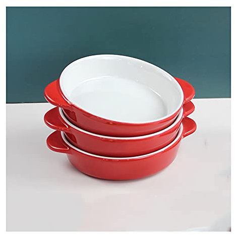 Fuente de Horno Conjunto de 3 platos de hornear au gratina redondos, panorámica de lasaña, taja de porcelana for la lasaña de la cocina for hornear las bandejas con asas, rojo Vajilla para Hornear