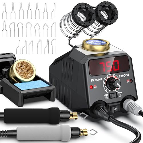 Preciva Lötstation 939D VI, 30 W, 250-750 ℃, Digitales Display, 20 Flammenringspitzen, Schraubendreher, Für Holz, Leder & Elektronik
