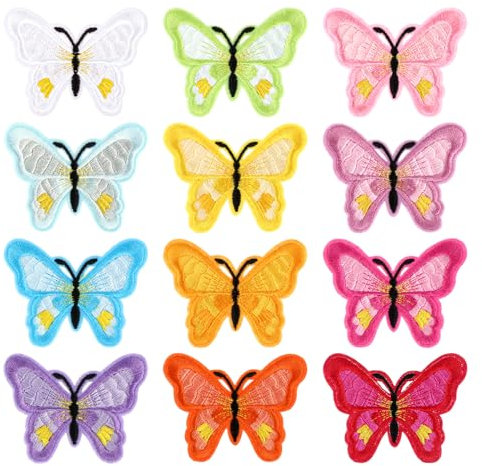 Andibro Flicken zum Aufbügeln,12 Stück Schmetterling Bügeleisen auf Patches für Kleidung Blume gestickt Applique Patches bügelflicken Reparatur Aufkleber nähen auf DIY Schmetterlinge Patch für kinder