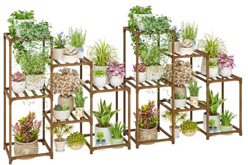 Bamworld Set of 2 Wooden Plant Stands, Indoor & Outdoor, Tiered Shelf for Multiple Plants, Ladder Plant Holder, Plant Table, Boho Decoration for Garden, Balcony, Living Room, Gifts