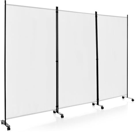 COSTWAY Separé Divisorio Interno 3/4/6 Ante, Paravento da Esterno ed Interno con Piedini, Pannelli Divisori per Ufficio, Salotto e Camera da Letto (Bianco, 262 x 180 cm (3 Pannelli con ruote))
