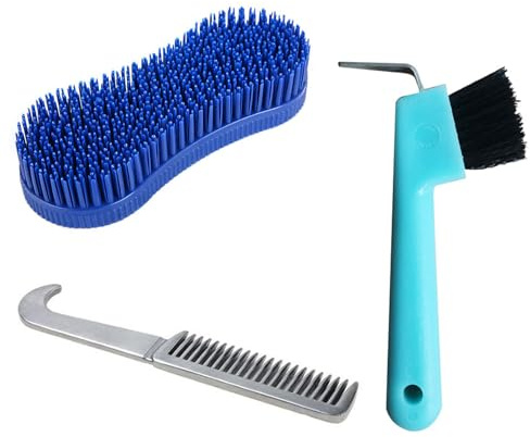 NIYATA Horse Grooming Brush,Horse Brushes for Grooming,with Horse Hoof Pick and Brush Horse Mane Comb,for Horse Grooming Care,Multifunction and Durable,Blue