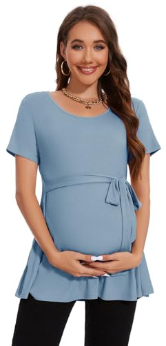 Smallshow Women's Maternity Clothes Tie Front Short Sleeve Pregnancy Tops,Light Blue,M
