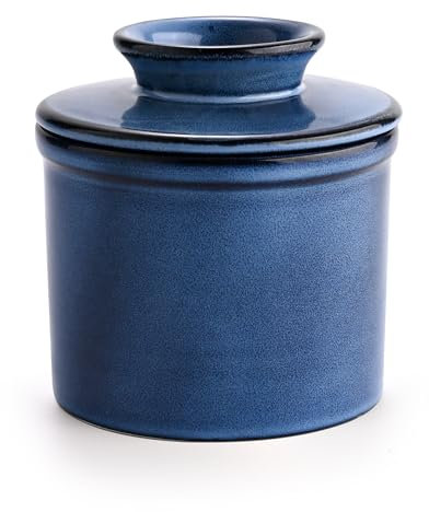 Jersinwei French Butter Dish with Lid, Reactive Glaze Butter Crock with Waterline for Fresh Butter Spreadable, Ceramic Butter Keeper for Countertop Dishwasher Safe -Blue