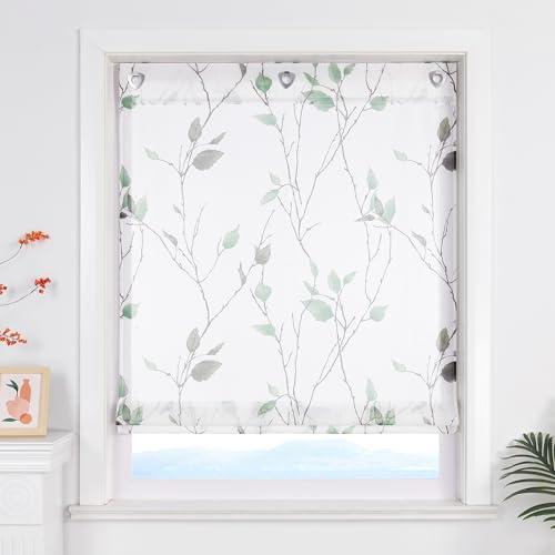 ESLIR Raffrollo ohne Bohren Landhaus Gardinen Küche Transparent Raffgardinen mit Ösen Weiß Wohnzimmer Bändchenrollo mit Blattdesign Grün BxH 100x140 cm 1 Stück