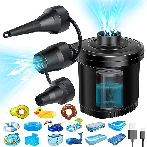 MTIVMG Elektrische Luftpumpe 2 in 1 Luftpumpe mit 4000mAh Akku USB C Aufladen Schnelles Aufblasen und Entleeren 3 Düsen Geeignet für aufblasbaren Pool, Luftmatratze, Schlauchboot