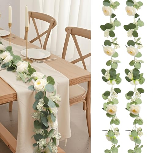 Konstgjord eukalyptusgirlang med blommor champagne (färg)