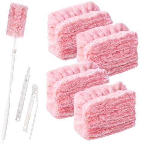 46 stycken för Swiffer 360° dammmagnet påfyllningspaket, med 1 infällbart handtag, dubbelsidig dammvippa för Swiffer Duster dukar, för ett brett utbud av rengöringsuppgifter i vardagen hemma (rosa)