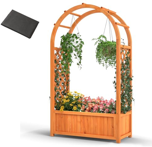 HOMASIS 3 in 1 Blumenkasten mit Rosenbogen & Rankgitter, Pflanzkasten mit Spalier & Dachregal, Hochbeet aus Holz, Rankhilfe für Blumen & Kletterpflanz, Pflanzkübel für Garten Balkon Terrasse, Orange