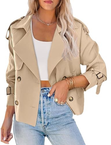 Momuk Womens Cropped Trench Coat Long Sleeve Casual Loose Lapel Double Breasted Short Jacket Outwear with Pockets