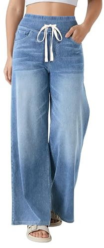 Pantalones Vaqueros Mujer Tiro Alto Pierna Ancha Jeans Elástico con Cintura Ajustable y Cordón,Pantalones Anchos Cómodos con Bolsillos para Diario, Oficina y Moda Casual