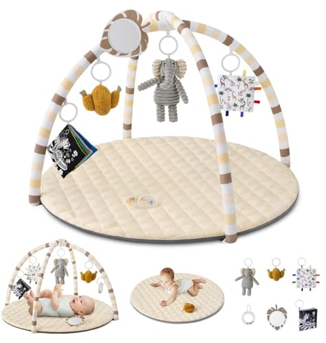 Blissful Diary Gimnasio Bebe Con Arco Desmontable, Manta Actividades Bebe De Forma De Hoja Con 6 Juguetes - Desarrollo Sensorial Y Motor Progresivo, Regalo Para Bebés, Beige