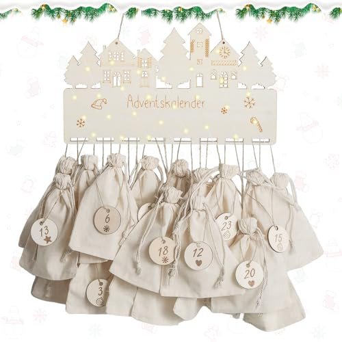PlsMupn 24 Adventskalender Julkalender För Att Fylla Själv Med LED Lichterkette, Adventskalender Gör-Det-Själv Pyssel Påsar Med Siffror 24 Jutesäckchen, DIY Weihnachtskalender für Kinder