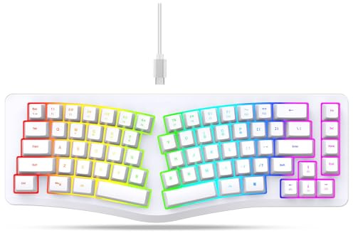 Fockety Wired Ergonomische Tastatur, 69 Tasten Geteiltes Tastatur mit 18 Modi RGB Back Ligit & Abnehmbarem Typ -C -Kabel, Komfortable Gaming -Tastaturen für Computer, PC, Laptop (White)
