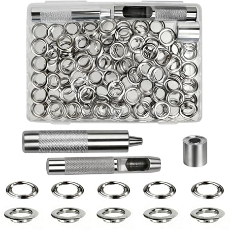 Luabue 14mm Kit de Grommets Eyelets Outils 100PCS Œillets et 100PCS Rondelle Metal Ensembles Oeillet Grommet Kit avec Outil Socle Poinçon pour Bâches Tentes Cuir