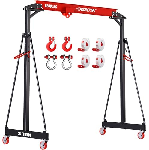 RDXTIK 3 Ton 6600Lbs Gantry Crane, 9.06FT Maximum Width, 8.53-12.47ft Adjustable Height, Portable Shop Lift Hoist with 3 Ton Manual Trolley, Red
