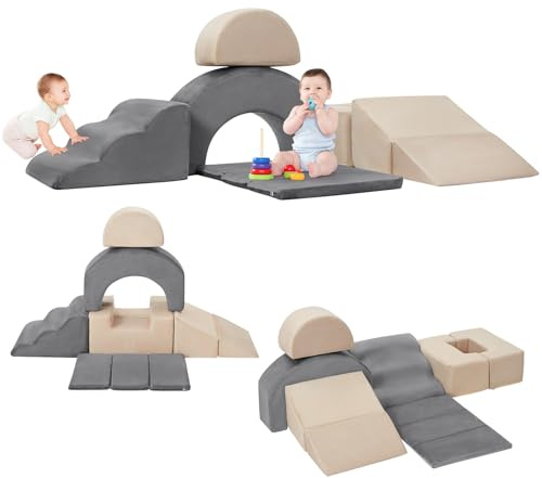 Garvee Juego educativo de 7 bloques de espuma para escalar y gatear - Incluye rampa extendida, túnel y tobogán - Funda de terciopelo lavable, base antideslizante - Ideal para bebés y niños pequeños en