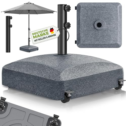 tillvex® Base de sombrilla PAVERA con Ruedas y Frenos | Soporte de lastre rellenable 37L / 56kg | Pie para Parasol y sombrilla de Mercado Ø 1,8-3,7m | Resistente a la Intemperie y UV (Efecto Granito)