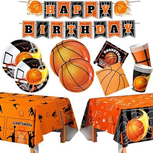 Stoviglie da Basket per Feste di Compleanno,20 Ospiti Forniture per Compleanno Basket - Striscione Piatti Tazze Tovaglia etc Decorazioni per Feste di Basket