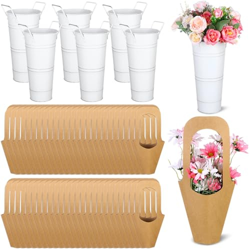 56Pcs Flower Bar Buckets Set 6 Galvanized Flower Bucket 50 Packs Kraft Paper Flowers Gift Bags with Handle Rustic Flow-er Buckets Metal Vase for Flowers Bar Home Garden Wedding Party Florist Shop