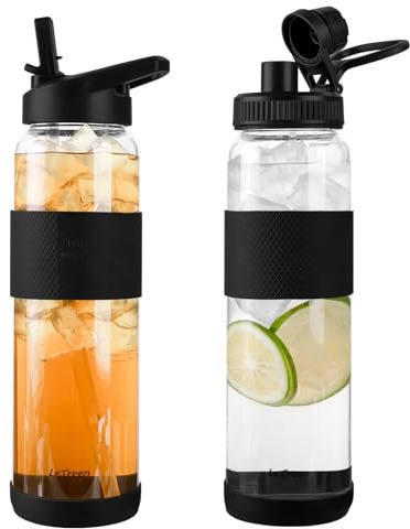 LETREEN Gourde en Verre 1 Litre avec Paille, 1 Pièces | Gourde Verre 1L avec 2 Couvercles, sans BPA, étanche et Réutilisable, pour Maison, Voyages, Sport, Yoga, Gym