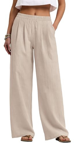 Rapbin Linen Trouser Women Wide Leg Pant with Pockets Elastic Waist Cotton | Soft Cotton Linen Fabric, Elastic Waist for Comfort, Deep Side Pockets, Machine Washable, Wide Leg Fit for Summer Holiday